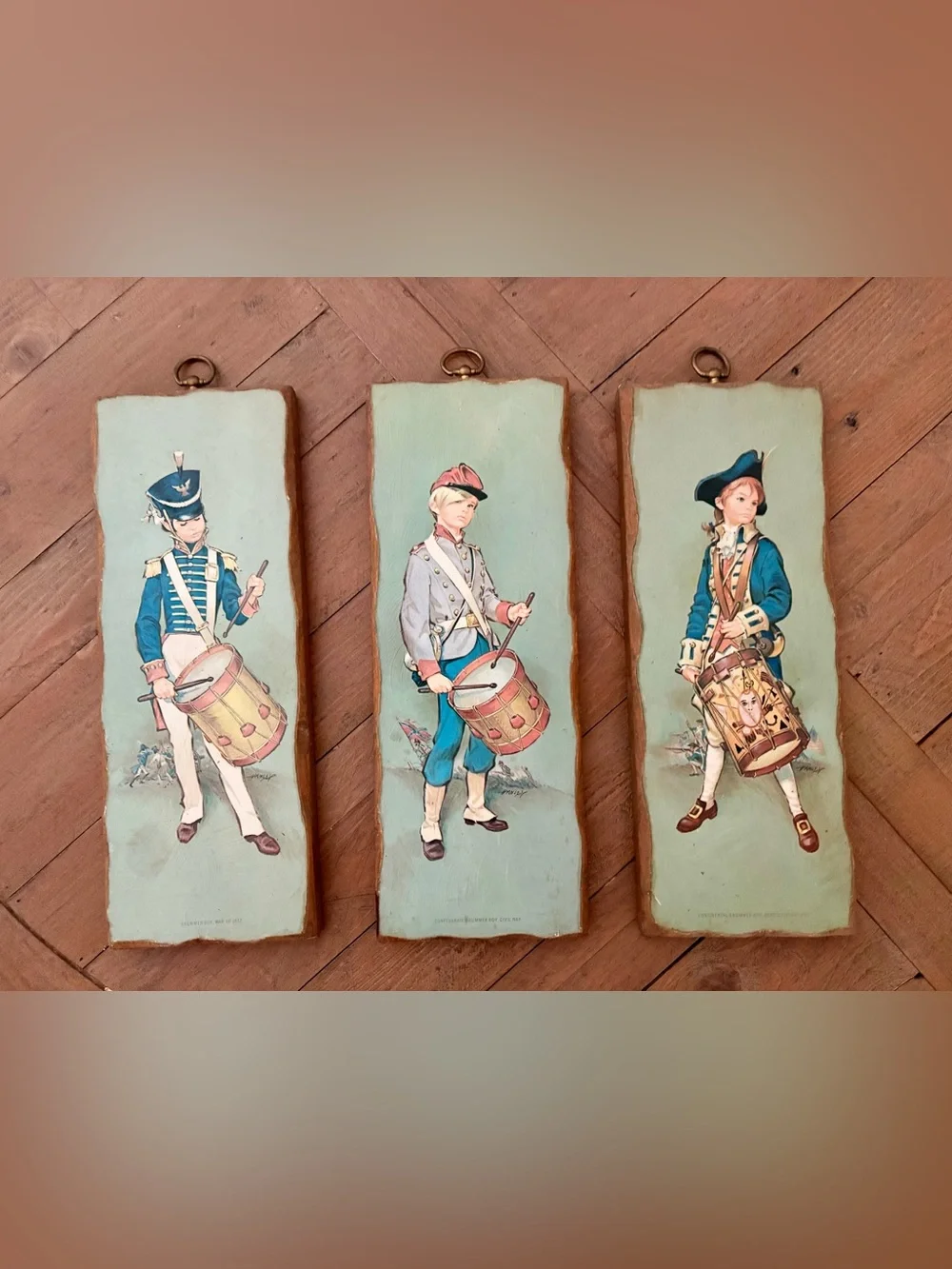 Vintage Drummer Boy Wall Plaque in Light Blue and Tan